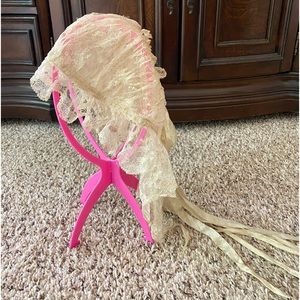 Antique beige Lace Bed Cap Pink rose Silk Ribbons Bow Morning Bonnet Hat